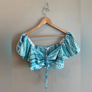 LUXXEL Off the Shoulder Blue Tie Dye Crop Top Size Large Tie Front NWT